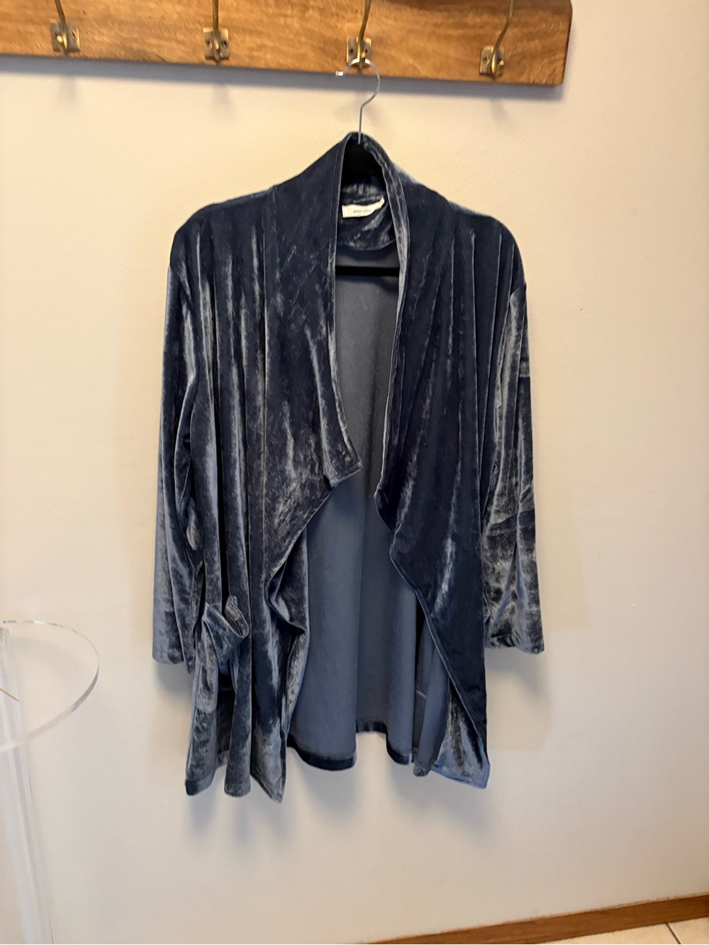 Amaryllis Velvet Open-Front Draped Cardigan in Dark Gray Blue